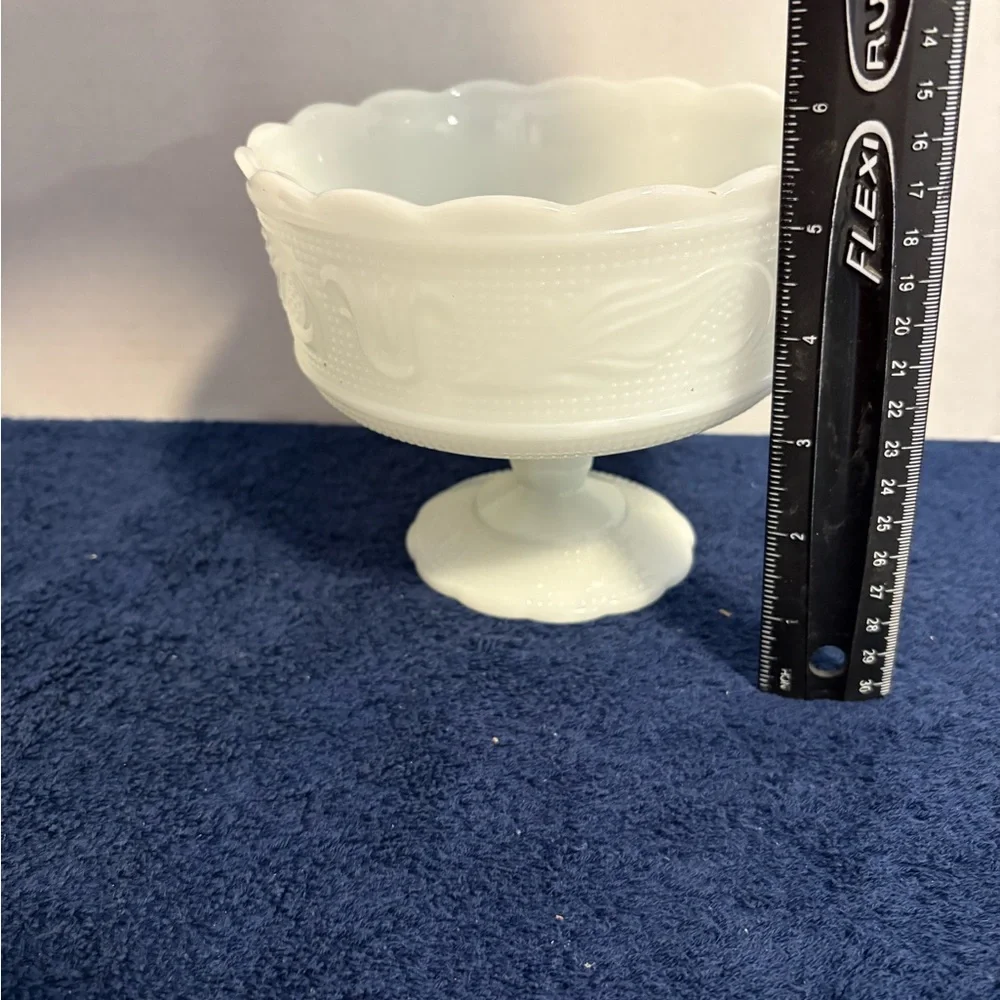 MCM Brody Co American White Milk Glass Pedestal Compote Candy Dish Bowl Ornate